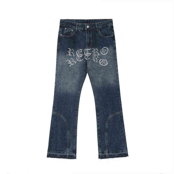 Pantaloni di jeans lavati di colore sfumato di strass con ricamo a lettera di strass Pantaloni di jeans larghi strappati casuali dritti da uomo T220803