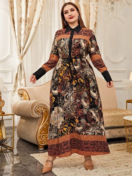 

plus random paisley & floral print belted shirt dress i75l#, Black