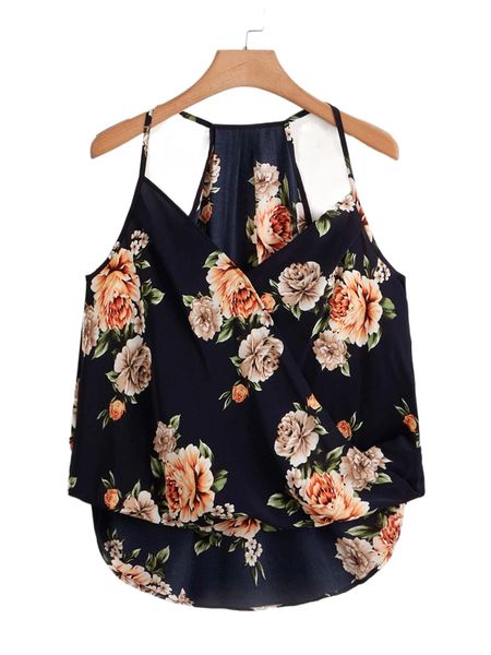 

plus floral print high low cami v5op#, Black