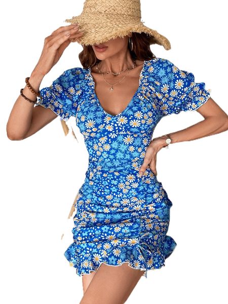 

allover floral print puff sleeve ruched ruffle hem dress a3xc#, Black;gray