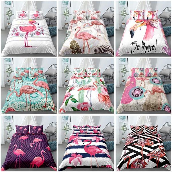 Set di biancheria da letto Cartoon Pink Flamingo Set 2/3 pezzi Motivo geometrico Copripiumino da letto 3D Federe Set di copripiumini confortevoli per bambiniBiancheria da letto