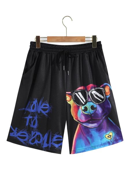 

men letter & cartoon graphic drawstring waist shorts b75x#, White;black