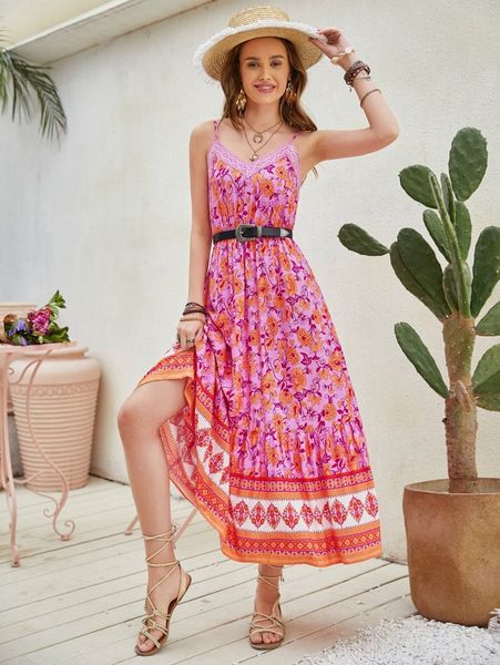 

rusttydustty floral print flounce hem cami dress 69lx#, Black;gray