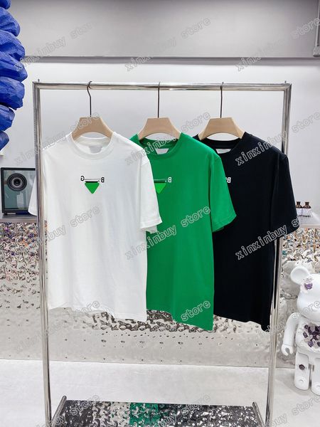 

22ss men women designers t shirts tee triangle leather letter collar short sleeve man crew neck paris streetwear white black green xinxinbuy