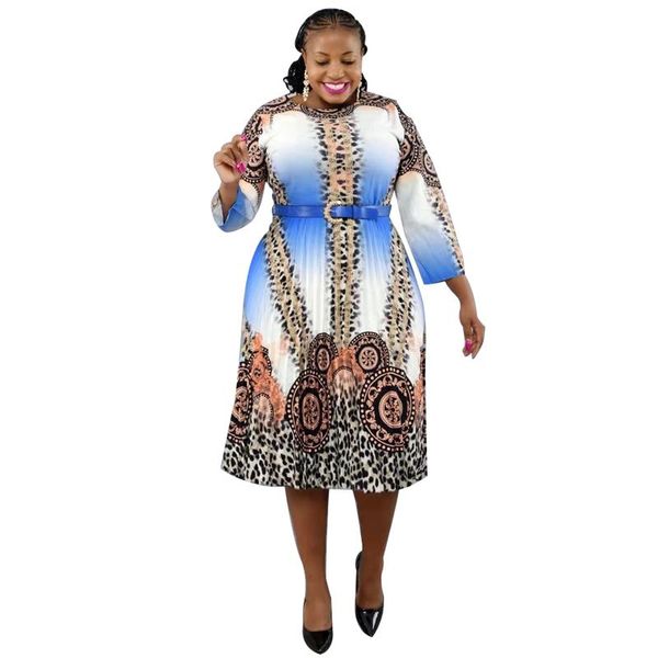 Plus Size Kleider 5XL 6XL Kleidung Damen Rundhals Dreiviertelärmel Swing Plissee Knielang bedrucktes Kleid Afrika Kleidung