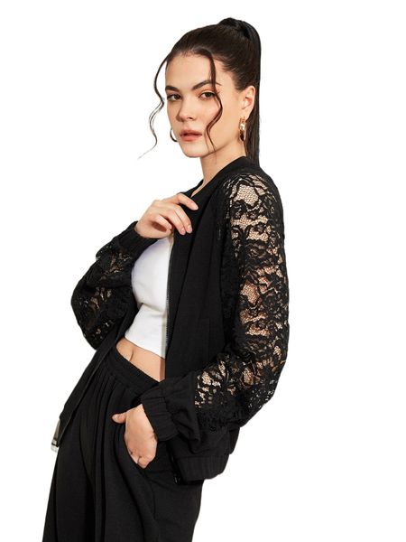 

x mina lace sleeve zipper front bomber jacket y19n#, Black;brown