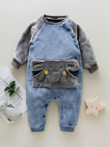 

baby boy cartoon pasted cloth contrast flannel jumpsuit she, Blue