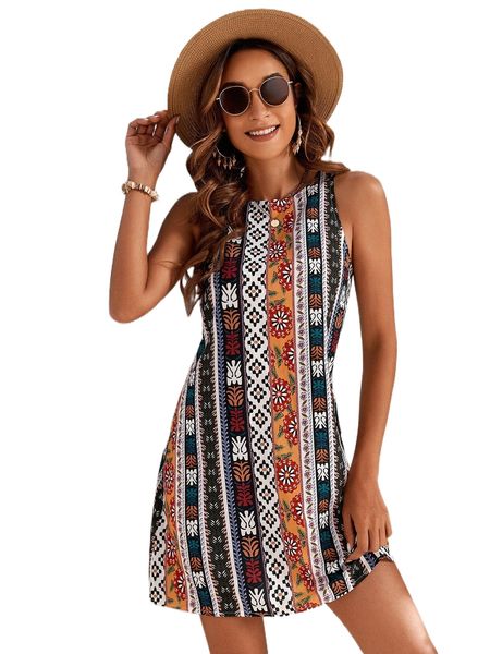 

color-block plants print tunic dress q1bg#, Black;gray