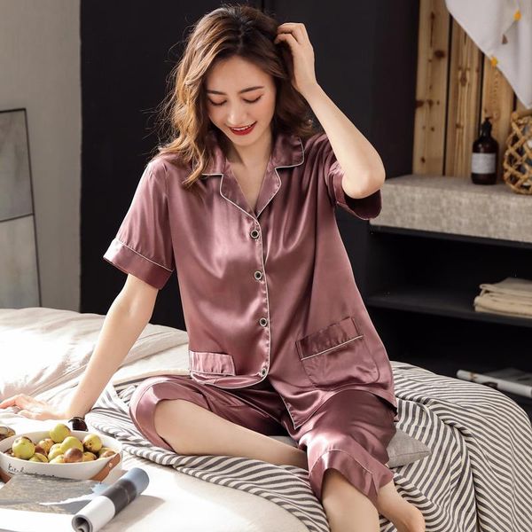 

summer women womens sleepwear silk satin pajamas set short sleeve pyjamas solid loungewear pijama mujer, Black;red