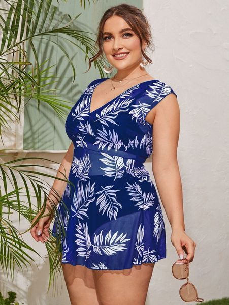 

plus plant print bikini swimsuit with beach skirt d60u#, White;black