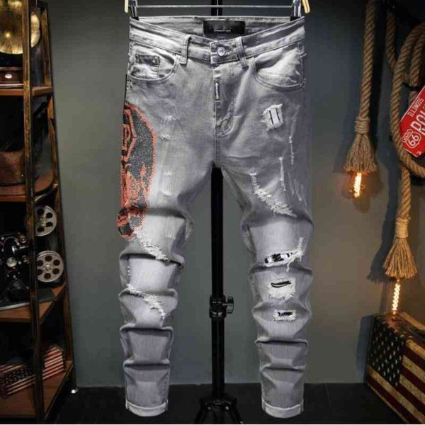 

designer jeans men autumn and winter ripped slim fit pp washed jeans grey drill tight elastic jean pants, Blue