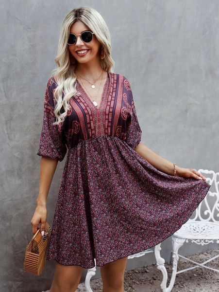 

floral print tie back batwing sleeve dress z9cf#, Black;gray