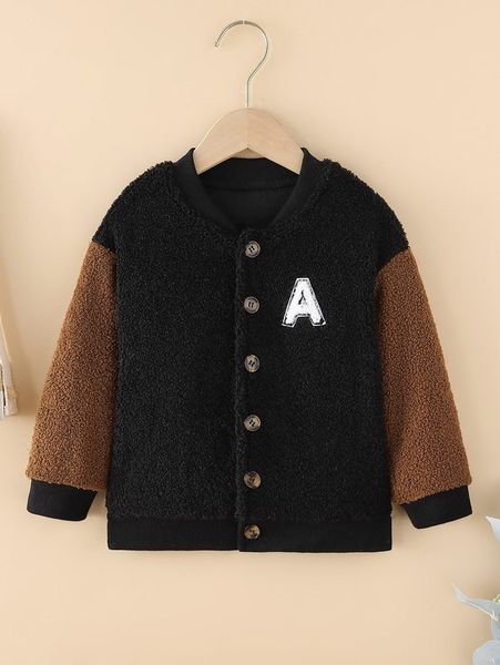 

toddler boys letter patched colorblock teddy bomber jacket she, Blue;gray