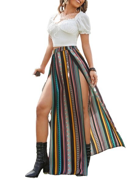 

geo & block striped print m-slit hem skirt v3ta#, Black