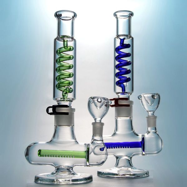 14 mm weibliche Gelenk gerade Rohr Shisha mit Schüssel eisige Spule Inline Perc Build ein bonggrün blaues Glas Wasserrohr invertiert T Bubbler Dab Öl Rig Ill06-07 für Meer