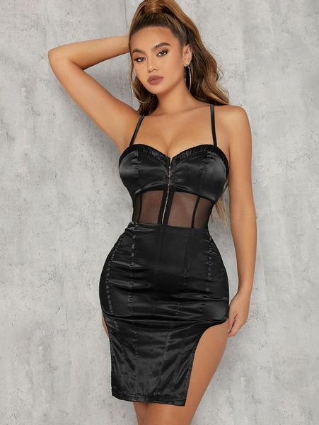 

sxy sheer mesh panel bustier-style bodycon mini dress d4jp#, Black;gray