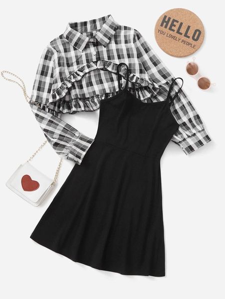 

girls solid cami dress & plaid frilled high low blouse she, White