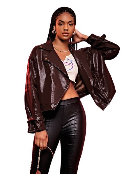 

drop shoulder pu leather moto jacket t8kp#, Black;brown