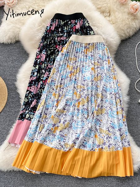 Eleganter Patchwork-Blumendruck-Faltenrock, elastische Taille, modische Kontrastfarbe, Gelb, Rosa, ALine Midi-Röcke für Damen 220527