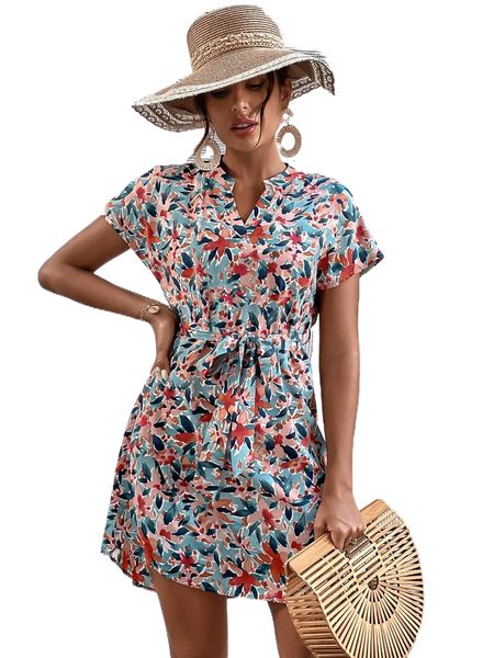 

all over floral print notched neck belted dress q4kf#, Black;gray