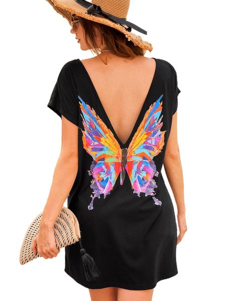 

butterfly print batwing sleeve dress a7ty#, Black;gray