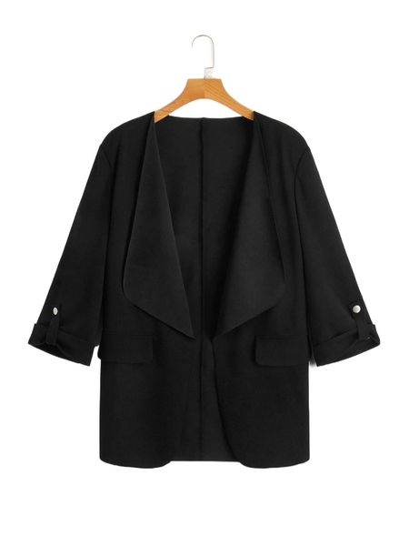 

waterfall collar roll tab sleeve open front blazer 84mn#, White