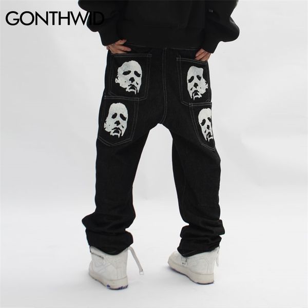 

hip hop gothic denim pants streetwear mens graphic print baggy punk rock jeans harajuku casual loose jean trousers black 220720, Blue
