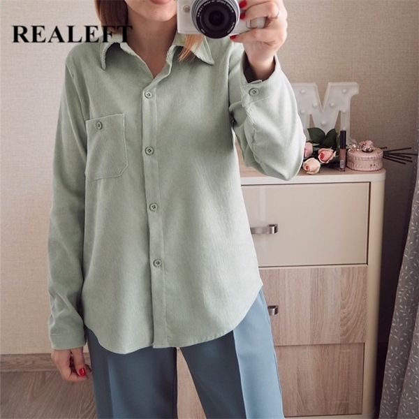 

realeft autumn winter corduroy women's blouse korean style long sleeve blouse turn-down collar vintage loose shirts 210308, White