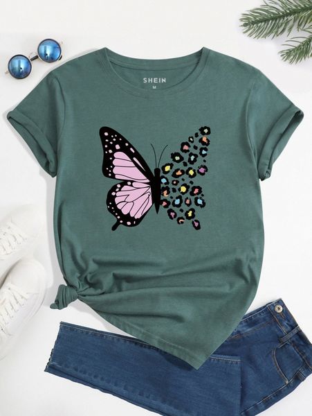 

butterfly & leopard print t-shirt w7rj#, White