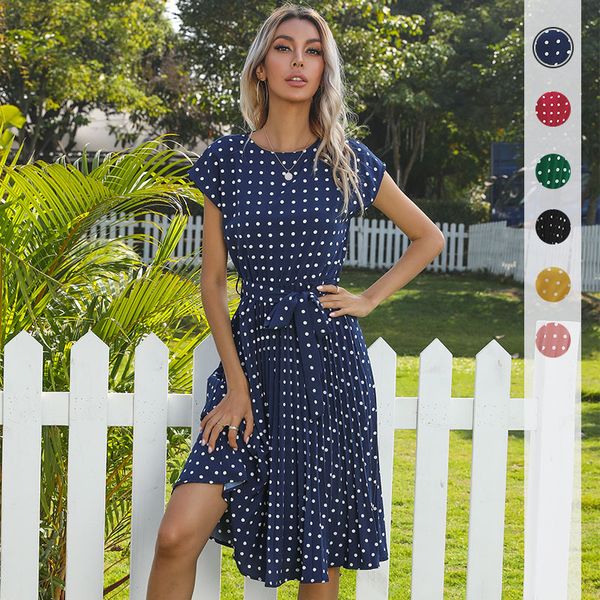 

summer midi skirt short sleeve lace-up polka-dot pleated dress, Black;gray