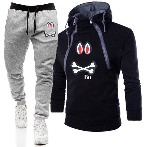 Herren-Trainingsanzüge, Hoodies-Set, Übergröße, lässig, modisch, Sweatshirts, Herbst-Winter, Freizeit, Psycho Bunny, Skelett-Kaninchen-Aufdruck, Baumwolle, Herren-Hoodie und Hose, Set 3XL