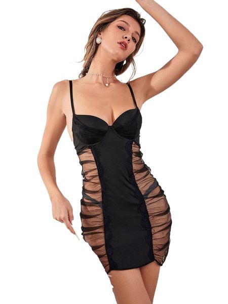 

contrast ruched mesh panel cami night dress t3ys#, Black;red