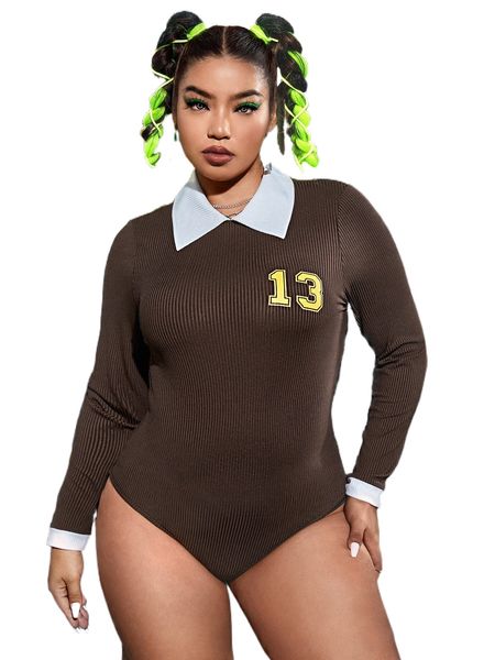 

plus number print contrast collar bodysuit j0kf#, Black