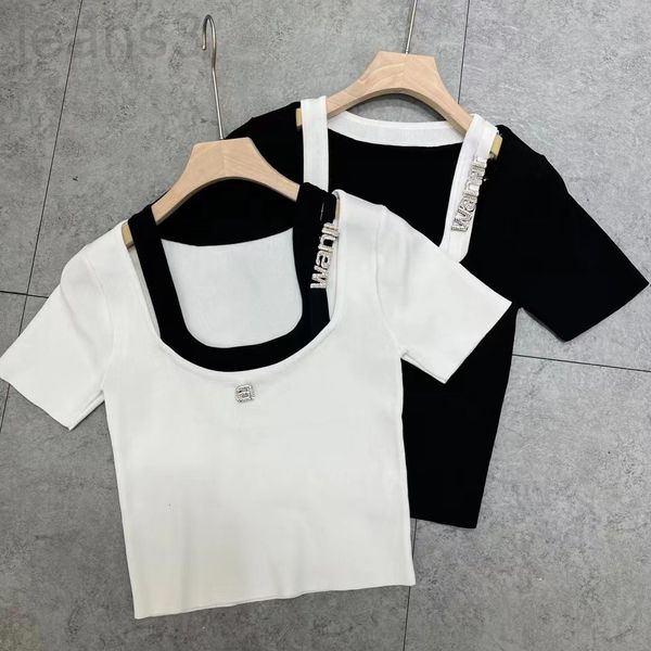 

women's knits & tees designer aw dawang's black and white stitching fake two-piece knitted bottomed shirt is slim elastic, with sh