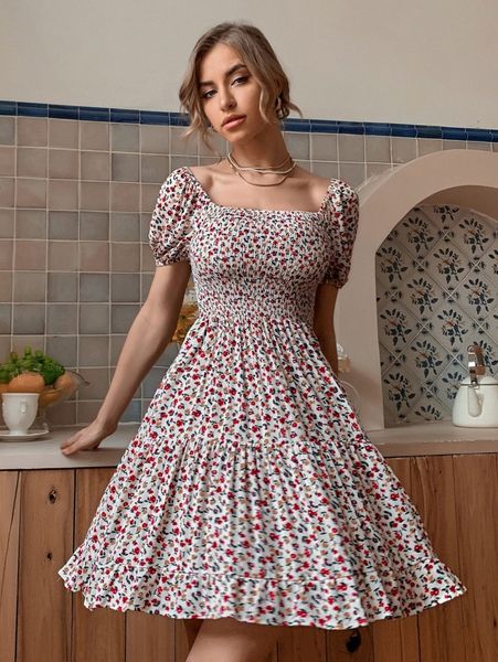 

ditsy floral shirred milkmaid dress 97bu#, Black;gray