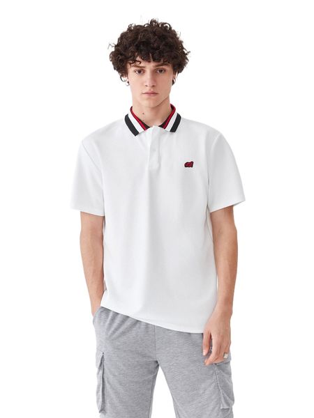 

1pc patched detail contrast striped collar polo shirt q5cq#, White;black