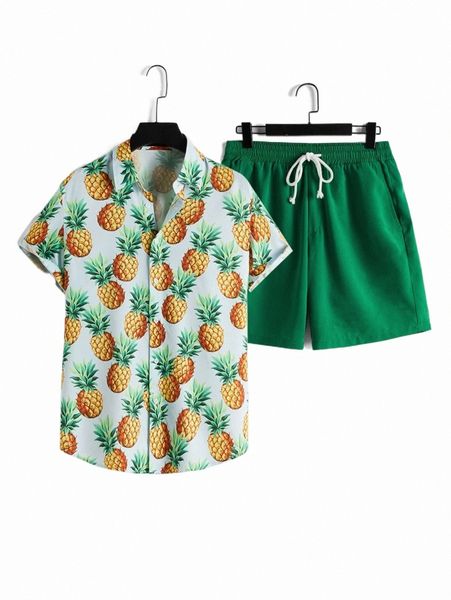 

men pineapple print shirt & drawstring waist shorts o7lh#, Gray