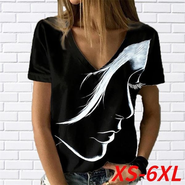 Mode frauen Abstrakte Porträt Malerei T Shirt lose Druck Sommer V-ausschnitt Basic Tops Schwarz 3D 220713