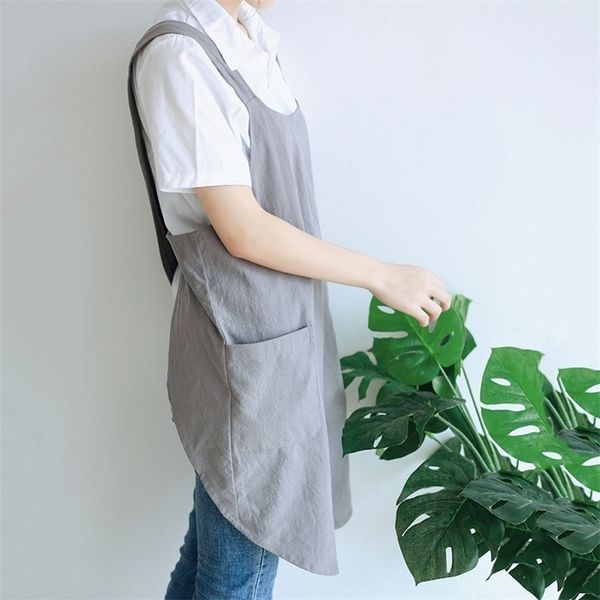 Linho de linho de algodão à prova d'água cruzar o avental japonês trabalho cozinha cozinheira de bolso duplo avental florista que trabalha avental 201007