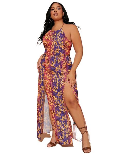 

sxy plus chain & plant print lace up backless m-slit hem dress j8ip#, Black