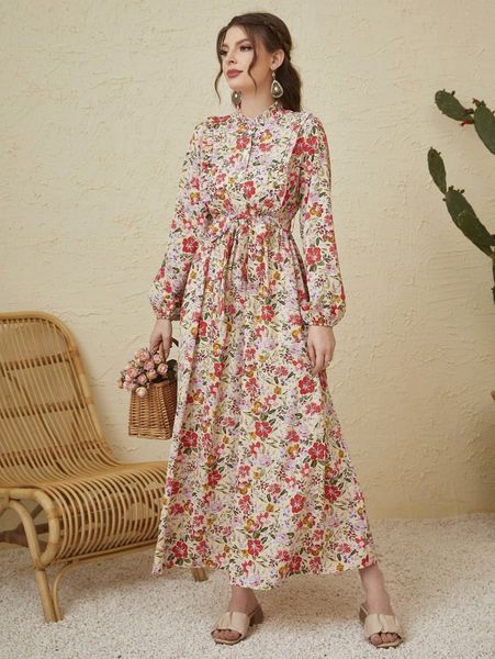 

floral print button front belted dress g2ga#, Black;gray