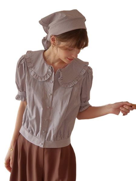

simple retro gingham puff sleeve frilled statement collar blouse h6pf#, White