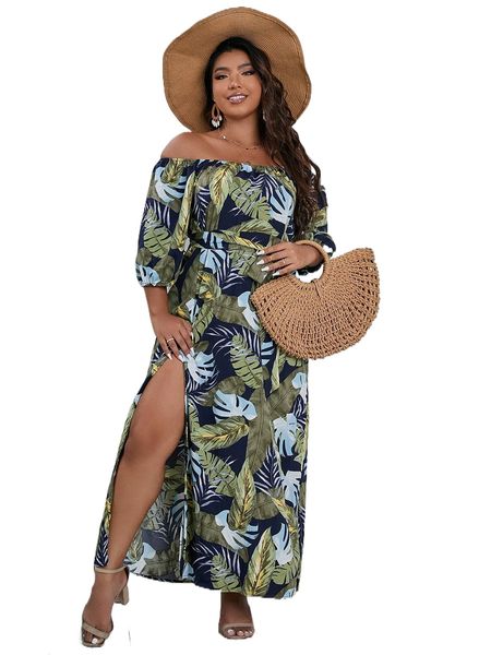 

plus allover tropical print off shoulder slit hem dress q6py#, Black