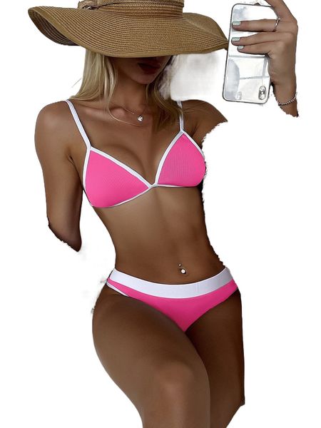 

contrast binding triangle bikini swimsuit 77bz#, White;black