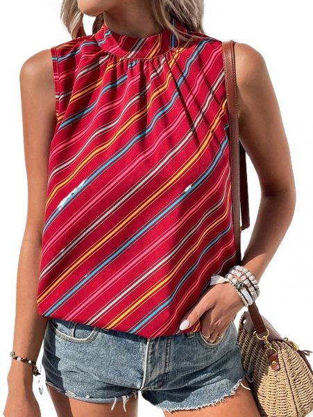 

block striped mock neck blouse u6q8#, White