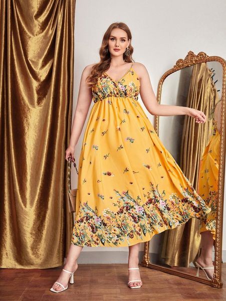 

plus floral print surplice neck guipure lace trim cami dress d9je#, Black