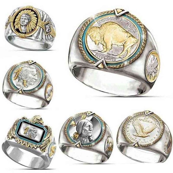 

hop hip two-tone 925 silver men gold rings buffalo nickel jewelry ring mens desinger rings fashion personality gift for man size 7258b