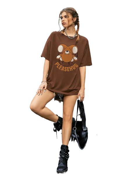 

bear doll and slogan graphic drop shoulder tee 21f6#, White