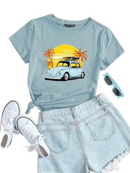 

car & coconut tree print tee b79v#, White