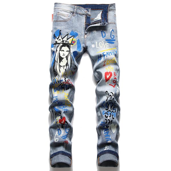 Moda Slim Fit Stretch Jeans Masculino Verão Outono Impressão Tingimento Calças Jeans Graffiti Calças Verão Vaqueros de hombre